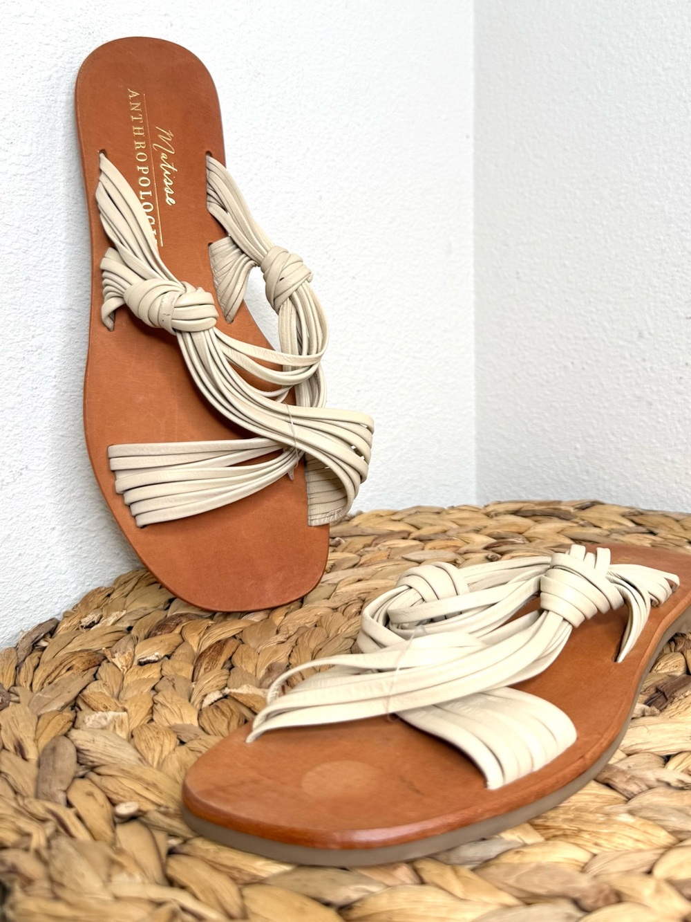 MATISSE ANTHROPOLOGIE SANDALS Cream Knotted Fringe Faux Leather Slide Sandal